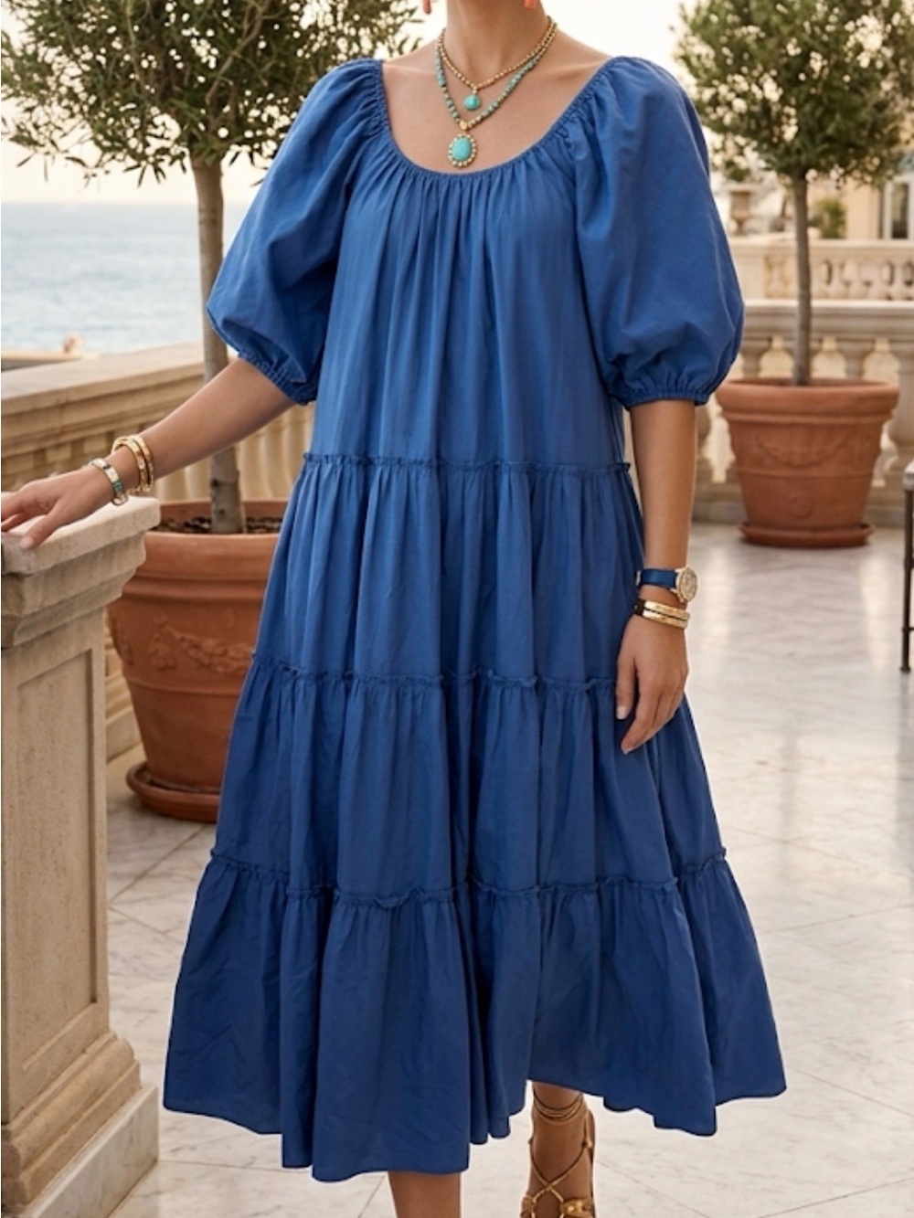 Buru‎ Blue Tiered Puff Sleeve Midi Dress S/M Side Pockets Boho Relaxed Peasant